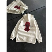 Modi Green Beyaz Oversize Sweatshirt Baskılı Kadın Sokak Stili Üç Iplik Kapüşonlu