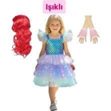 3b Kids Deniz Kızı Işıklı Kostüm Elbise + Kırmızı Deniz Kızı Saç Peruk + Inci Taç + Pembe File Eldiven Seti