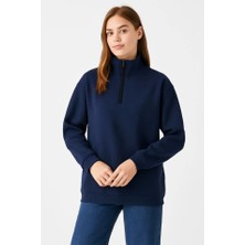 Modi Green Kadın Günlük Stil Lacivert Üç Iplik Dık Yaka Yarım Fermuarlı Sweatshirt