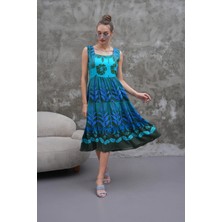 Navy Midi Boy Kare Yaka Havai Desen Kolsuz Viskon Ellbise