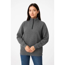 Modi Green Kadın Günlük Stil Antrasit Üç Iplik Dık Yaka Yarım Fermuarlı Sweatshirt