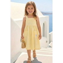 Queen Kids Kız Çocuk Askılı Cepli Midi  Elbise Sarı