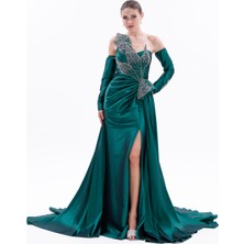 Bdm Exclusive Taş Işlemeli Yaprak Detaylı Drapeli Tafta Abiye Elbise