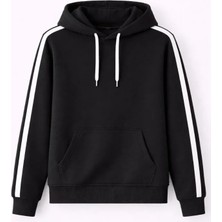 Modi Green Erkek Salaş Stil Siyah Şeritli Oversize 3 Iplik Pamuklu Kapüşonlu Sweatshirt