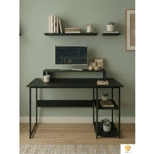 Ayz Vienna 60X120CM 2 Raflı Metal Ayak Çalışma Masası Laptop Masası Bilgisayar Masası  Siyah- Siyah
