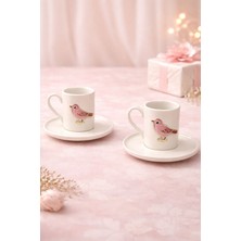Yzhome 2 Kişilik Beyaz Porselen Pembe Kuşlu Kuş Figürlü Kahve Fincan Takımı Seti 100ML