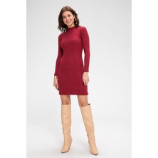 Modi Green Kadın Fit Duruş Bordo Kaşkorse Balıkçı Yaka Uzun Kollu Bodycon Mini Elbise
