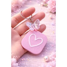 Spring Handmade Nfc Özellikli Kelebek Detaylı Kalpli Pembe Anahtarlık | Akıllı Anahtarlık