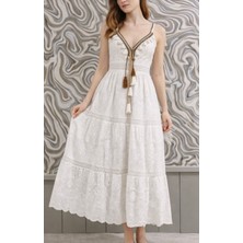 Hopeful Design Kadın Beyaz V Yaka Nakış Detaylı Bağcıklı Fisto Mezuniyet Yazlık Elbise