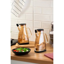 Porsima 3853-1 Renkli Borosilikat Cam Zeytinyağ Şişesi - 2li Yağlık ve Sirkelik Seti Siyah 1lt