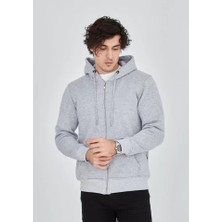 Modi Green Unisex Günlük Stil Gri Tam Fermuarlı Cepli Kapüşonlu Sweatshirt