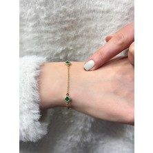 Diamine Pırlanta 14 Ayar Altın Mini Yeşil Taşlı Yonca Bileklik ( 6mm)