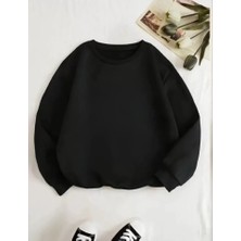 Modi Green Üç Iplik Şardonlu Kadın Sıcak Tutan Siyah Basic Bisiklet Yaka Sweatshirt
