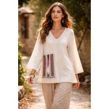 Tosbik Otantik Kişiye Özel Tasarım Uzun Kollu Şile Bezi Dokuma Detaylı El Işi V Yaka  Bluz