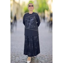 Beli Lastikli Pliseli Etek Taş Işlemeli Bisiklet Yaka Bluz Büyük Beden Örme Krep Ikili Takım