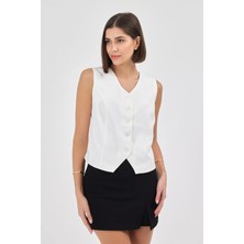 Diemmood Kadın Düğmeli Klasik Beyaz Yelek