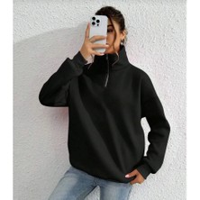 Modi Green Unisex Günlük Stil Siyah Uzun Kol Yarım Farmuarlı Yakalı Basic Sweatshirt