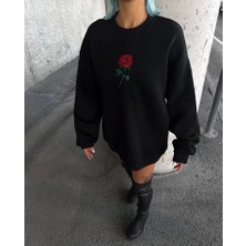 Modi Green Baskılı Kadın Salaş Stil Siyah Oversize Üç Iplik Bisiklet Yaka Sweatshirt