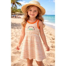 Queen Kids Kız Çocuk Çizgili Halter Yaka Elbise Turuncu