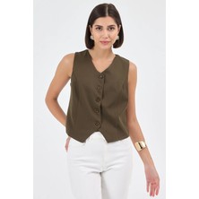 Diemmood Kadın Düğmeli Klasik Haki Yelek