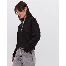 Modi Green Kadın Salaş Stil Siyah Oversize Yarım Farmuarlı Yakalı Basic Sweatshirt
