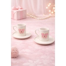 Yzhome 2 Kişilik Beyaz Porselen Kurdele Fiyonk Figürlü Kahve Fincan Takımı Seti 100ML