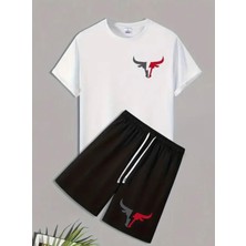 Punix Kids Özel Seri Boğa Silüet Baskılı %100 Pamuk Yeni Trend Erkek Çocuk T-Shirt Şort Takımı