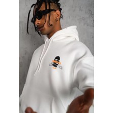 Modi Green Maske Illüstrasyon Baskılı Erkek Beyaz Kordonlu Kapüşonlu Sweatshirt