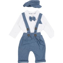 by BebekOdam Erkek Bebek Ekru Mavi Papyonlu Şapkalı Fitilli Salopet Takım - 1016697