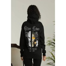 Modi Green Grafik Sırt Baskılı Erkek Sokak Stili Siyah Üç Iplik Kapüşonlu Oversize Sweatshirt
