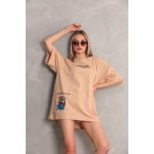 Modi Green Baskılı Unisex Vizon Beji Minimalist Oversize Tişört