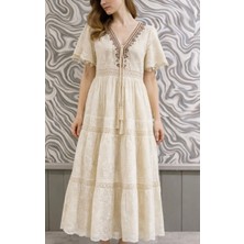 Hopeful Design Kadın V Yaka Ekru Nakış Detaylı Bağcıklı Fisto Elbise Mezuniyet Elbise