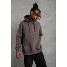 Modi Green Maske Illüstrasyon Baskılı Erkek Gri Kordonlu Kapüşonlu Sweatshirt