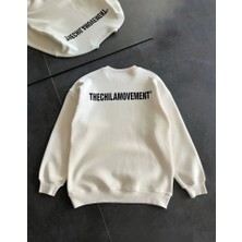 Modi Green Baskılı Kadın Günlük Stil Beyaz Kışlık Bisiklet Yaka Oversize Sweatshirt