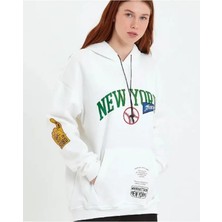 Modi Green Baskı Detaylı Erkek Günlük Stil Sırt Beyaz Kapüşonlu Sweatshirt