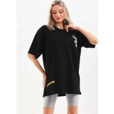 Modi Green Baskılı Unisex Günlük Stil Tipografi Siyah Pamuklu Oversize Tişört