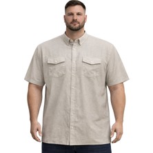 Battal Moda Büyük Beden Erkek Çift Cepli Kısa Kollu Gömlek %100 Pamuk Bej 3XL-8XL