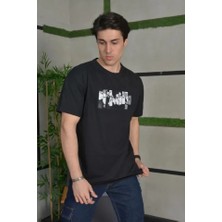 Modi Green Baskı Detaylı Unisex Günlük Stil Illüstrasyon Siyah Pamuklu Oversize Tişört