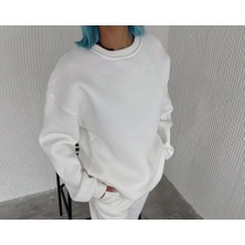 Modi Green Kadın Günlük Stil Beyaz Kışlık Bisiklet Yaka Üç Iplik Basic Sweatshirt