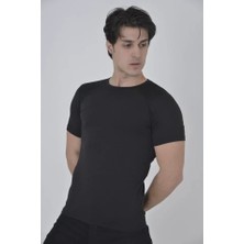 Modi Green Erkek Omuz File Geçişli Siyah Sportif Slim Fit Tişört