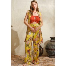 Brand Boyundan Bağlamalı V Yaka Kadın Çiçek Desenli Yazlık Boncuk Detaylı Pijama Takımı Sabahlık Anıl 5754