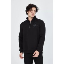 Modi Green Baskılı Erkek Günlük Stil Siyah Yarım Fermuarlı Sweatshirt
