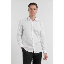 İmza Beyaz Uzun Kol Sert Yaka Balıksırtı Desen %100 Pamuk Slim Fit Gömlek 1004255200
