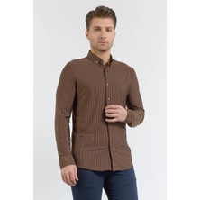 İmza Kahverengi Çizgili Desen Italyan Yaka Uzun Kol Torba Cep Standart Fit Esnek Gömlek 1004260157