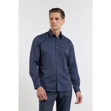 İmza Lacivert Sert Yaka Uzun Kol Cepsiz Slim Fit Pamuklu Gömlek 1004255228