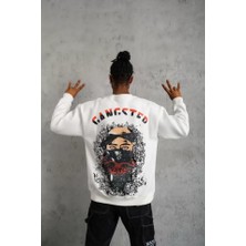 Modi Green Baskılı Erkek Sokak Stili Gangster Beyaz Üç Iplik Hoodie
