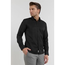 İmza Siyah Kendinden Desenli Sert Yaka Uzun Kol Cepsiz Slim Fit Pamuklu Gömlek 1004255283
