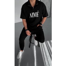 Modi Green Unisex Günlük Stil Yarım Fermuar Detaylı Siyah Dik Yaka Pamuklu Tişört