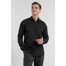 İmza Siyah Sert Yaka Uzun Kol Cepsiz Slim Fit Pamuklu Gömlek 1004255284