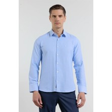 İmza Mavi Sert Yaka Uzun Kol Cepsiz Slim Fit Pamuklu Gömlek 1004255284